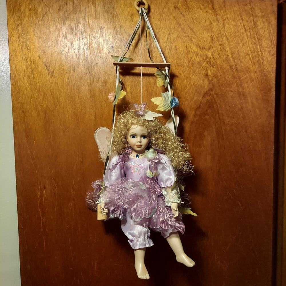 Porcelain Fairy Doll on Floral Swing Purple Butterfly Dress Wall Hanging Decor